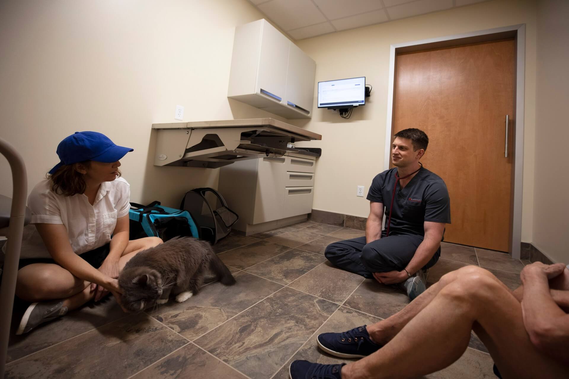 Team member comforting a dog – Everhart Veterinary Medicine, Village of Cross Keys