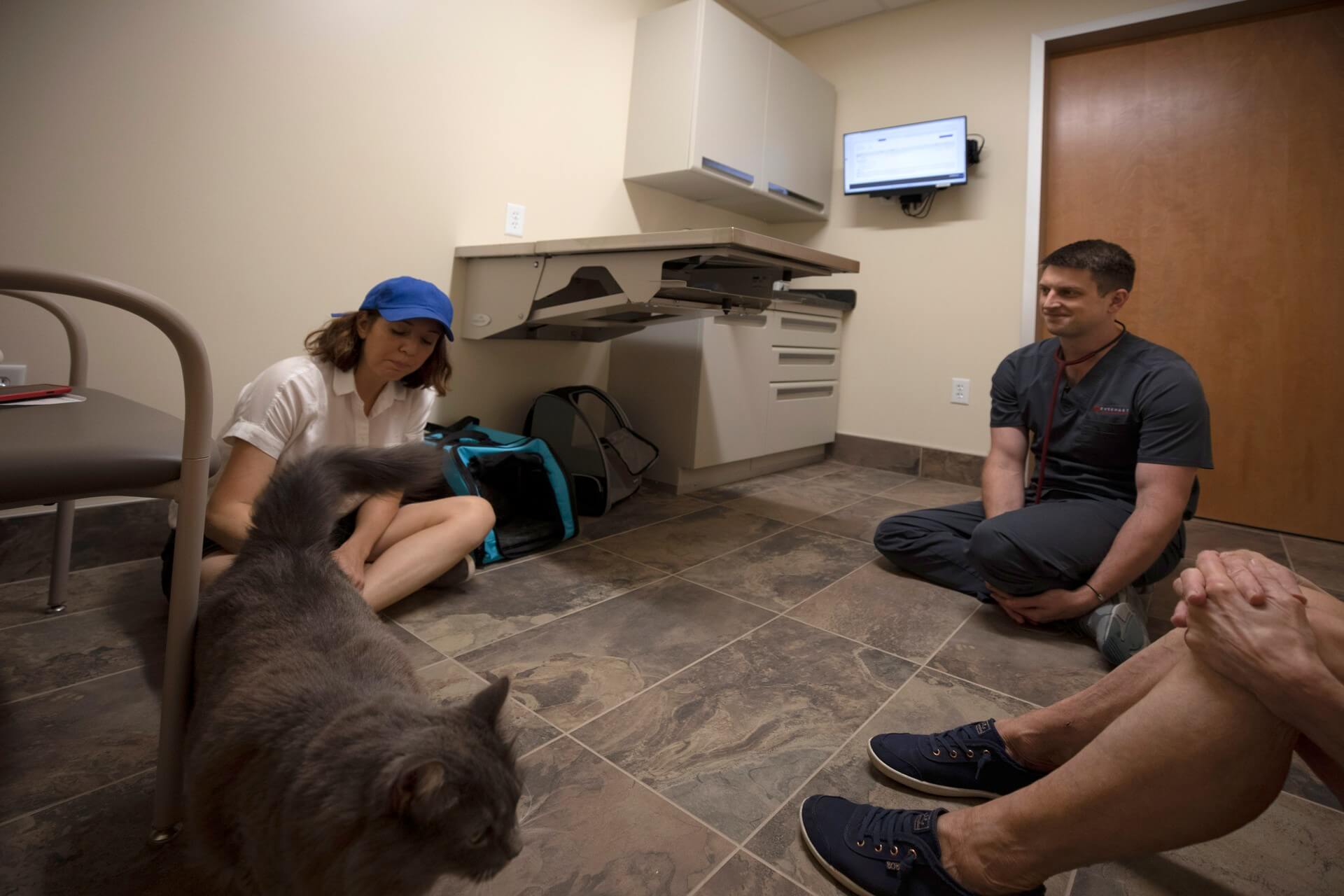Team member with a dog on the floor – Everhart Veterinary Medicine, Village of Cross Keys