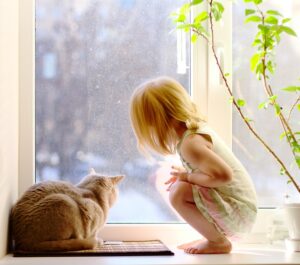 Girl and cat  looking out of the window